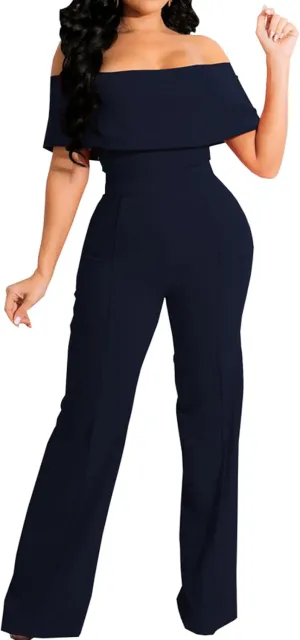 HugeNice Women's Sexy Off Shoulder Ruffle Jumpsuits Elegant Wide Leg Long Pants Clubwear Rompers with Pockets