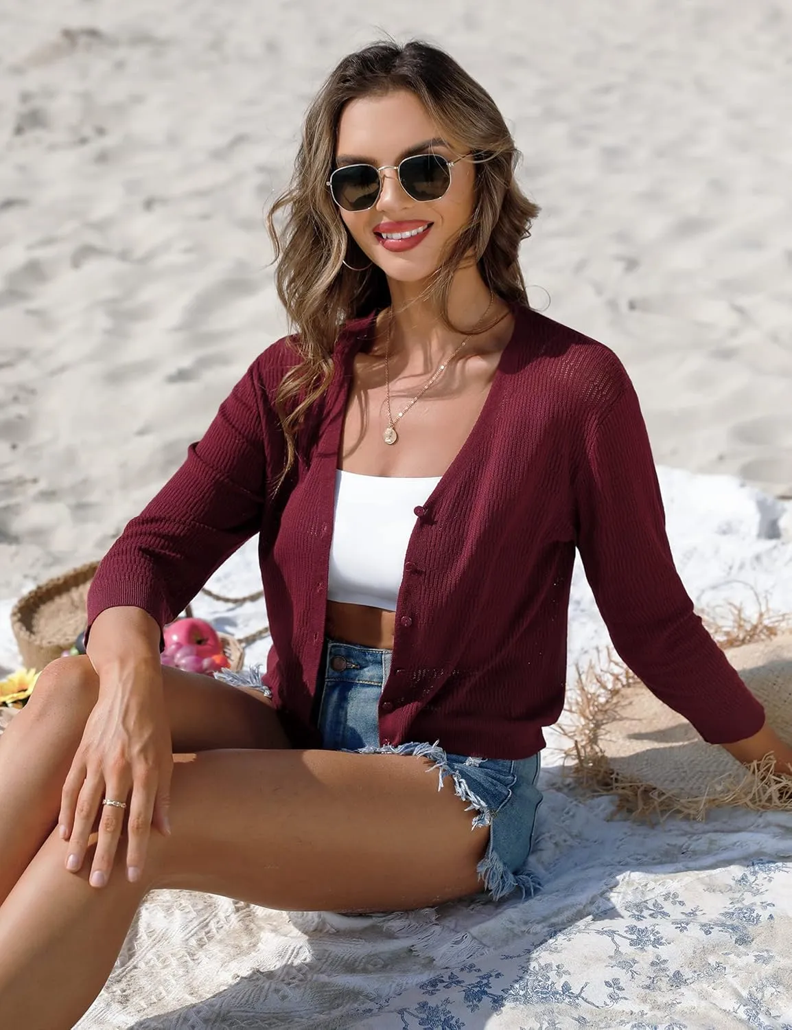 iClosam Womens Summer Lightweight Cropped Cardigans 3/4 Sleeve Knit Shrugs V Neck Button Down Cardigans Sweaters