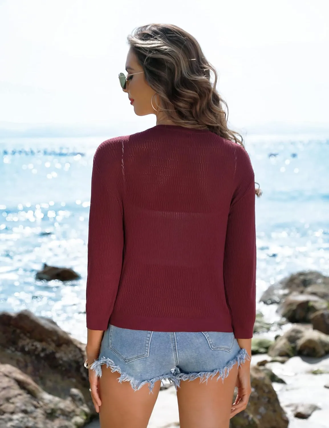 iClosam Womens Summer Lightweight Cropped Cardigans 3/4 Sleeve Knit Shrugs V Neck Button Down Cardigans Sweaters
