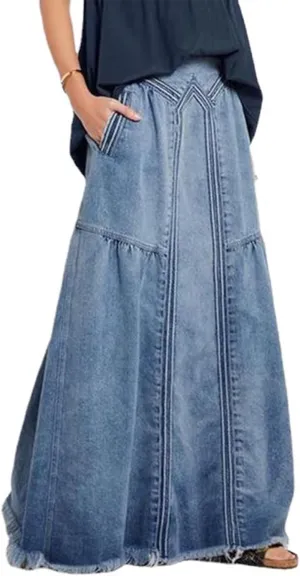INVACHI Womens Long Jean Skirt Maxi Denim Skirt Women Elastic Waist Jean Skirt with Pockets