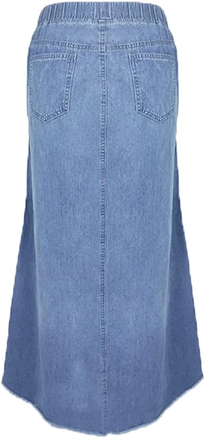 INVACHI Womens Long Jean Skirt Maxi Denim Skirt Women Elastic Waist Jean Skirt with Pockets