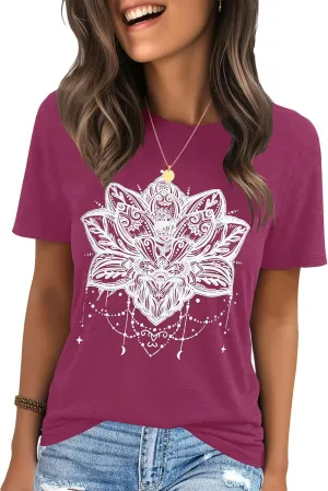 IRISGOD Womens Graphic Tees Casual Summer Short Sleeve Vintage T Shirts Tops