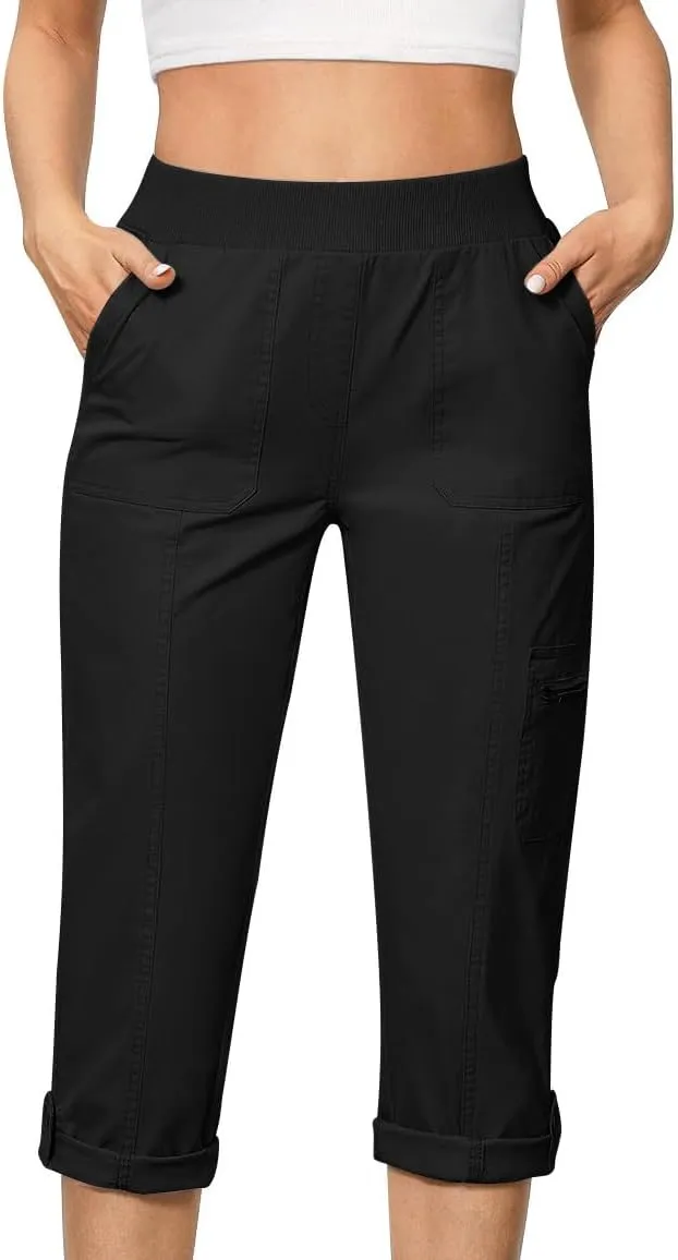 JOAU Capri Cargo Pants for Women High Waisted Pull On Running Athletic Stretch Twill Fold Hem Capris Trousers with Pockets