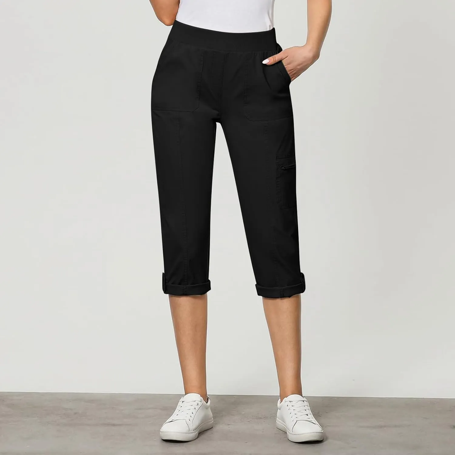 JOAU Capri Cargo Pants for Women High Waisted Pull On Running Athletic Stretch Twill Fold Hem Capris Trousers with Pockets