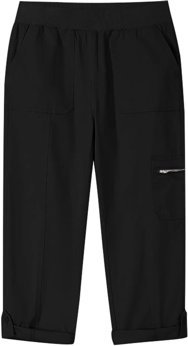 JOAU Capri Cargo Pants for Women High Waisted Pull On Running Athletic Stretch Twill Fold Hem Capris Trousers with Pockets