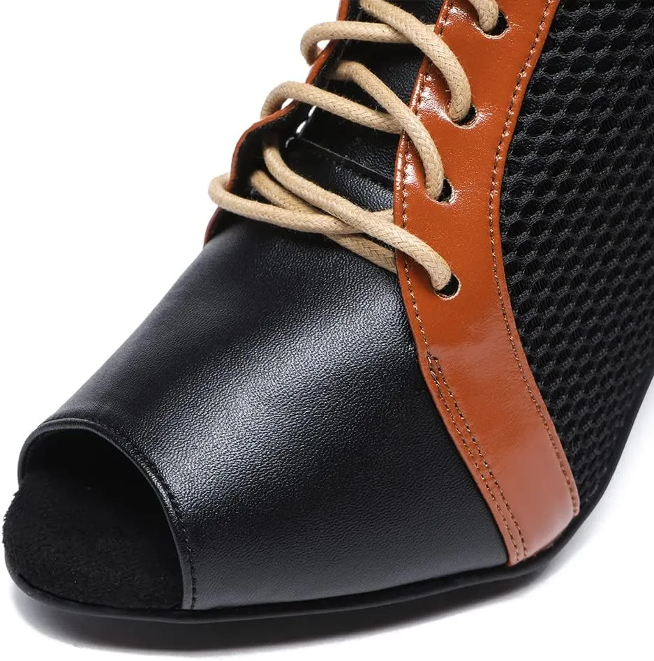JUODVMP Women's Latin Dance Boots Peep-Toe Professional Suede Heel Ballroom Lace-up Ankle Tango Dance Performance Shoes,Model 542