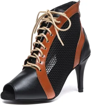 JUODVMP Women's Latin Dance Boots Peep-Toe Professional Suede Heel Ballroom Lace-up Ankle Tango Dance Performance Shoes,Model 542