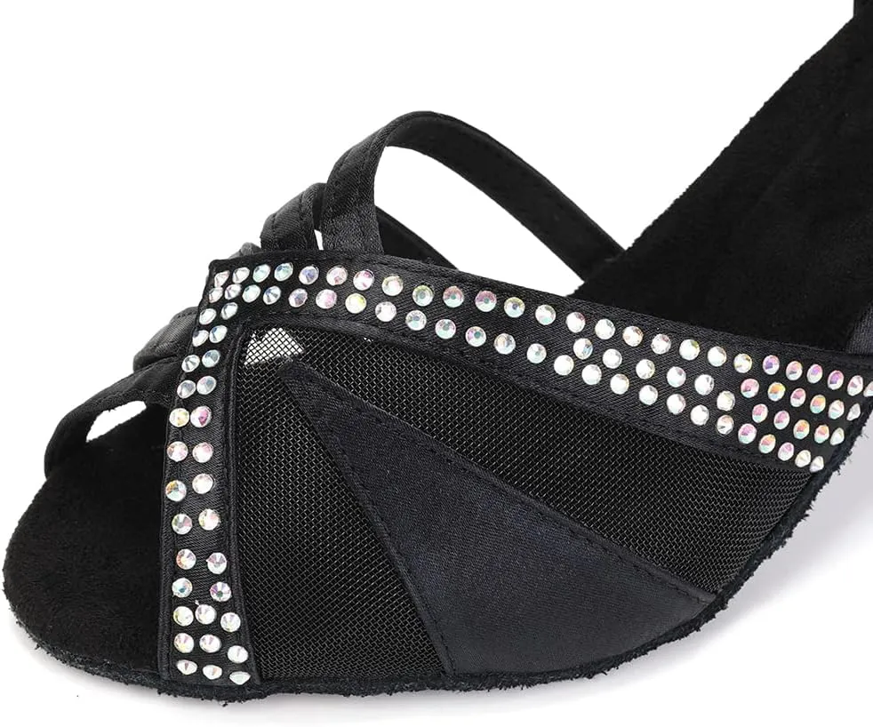 JUODVMP Women's Rhinestone Ballroom Dance Shoes Latin Satin Salsa Performance Dance Shoes Model YCL165