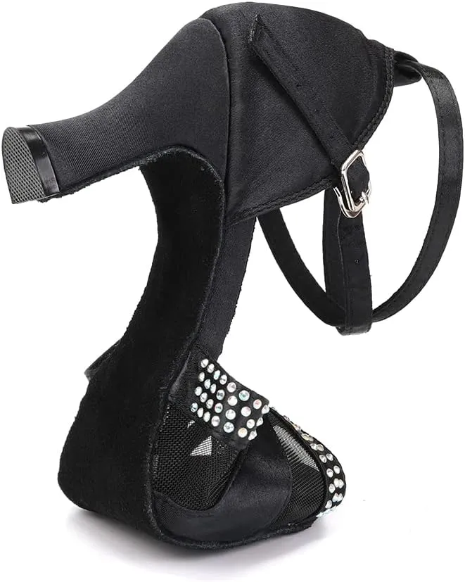 JUODVMP Women's Rhinestone Ballroom Dance Shoes Latin Satin Salsa Performance Dance Shoes Model YCL165