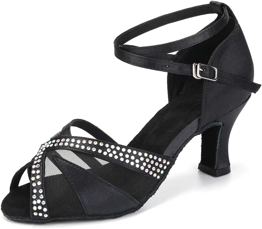 JUODVMP Women's Rhinestone Ballroom Dance Shoes Latin Satin Salsa Performance Dance Shoes Model YCL165