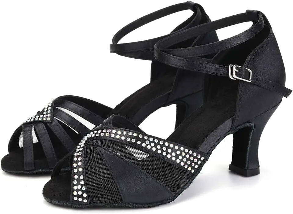 JUODVMP Women's Rhinestone Ballroom Dance Shoes Latin Satin Salsa Performance Dance Shoes Model YCL165