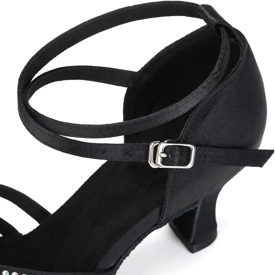 JUODVMP Women's Rhinestone Ballroom Dance Shoes Latin Satin Salsa Performance Dance Shoes Model YCL165