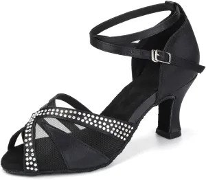 JUODVMP Women's Rhinestone Ballroom Dance Shoes Latin Satin Salsa Performance Dance Shoes Model YCL165