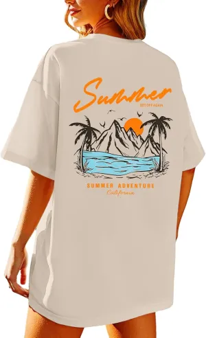 KEEVICI California T Shirt Beach Oversized Graphic Tees for Women Vintage Adventure Shirts Baggy Summer Cotton Vacation Tops