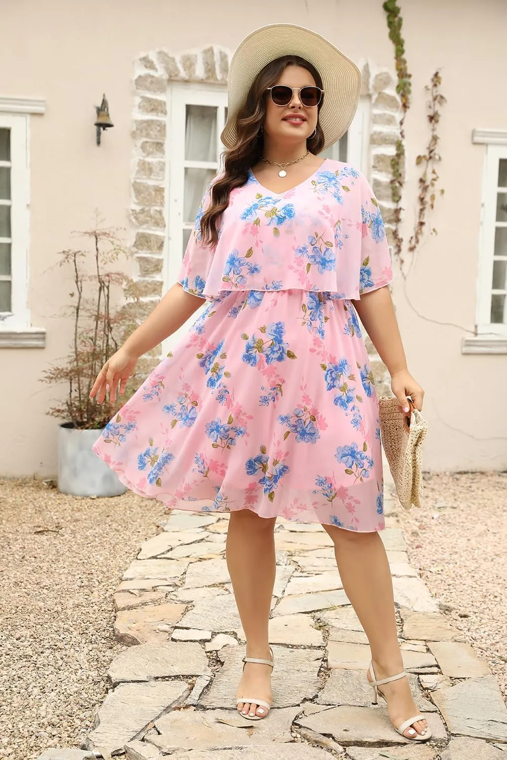 Keluummi Plus Size Wedding Guest Dresses for Curvy Women, Summer Casual Flowy Midi Cocktail Dress,Bridal Shower