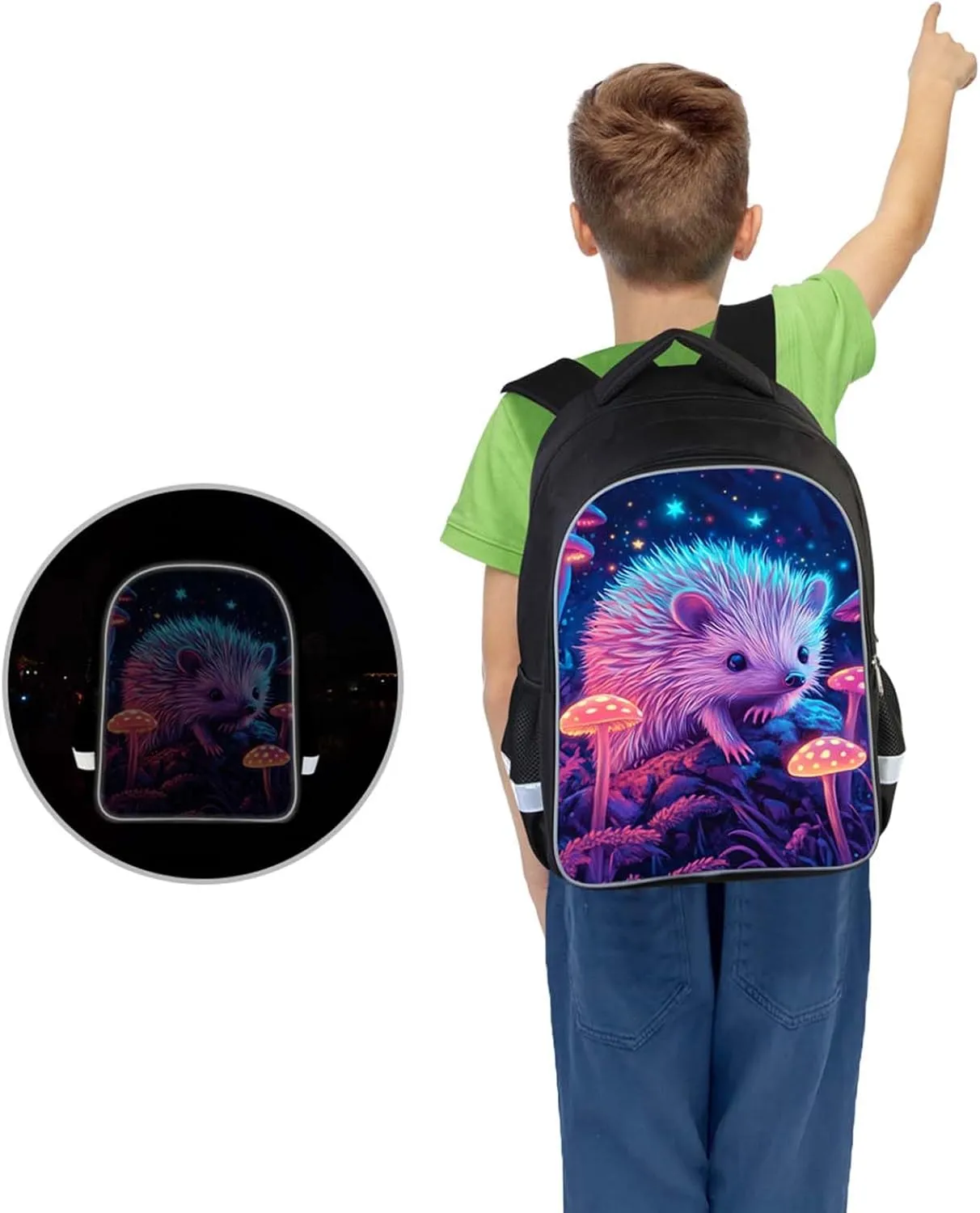 Kids School Backpack for Boys Girls, Children Teens Back Pack for Elementary Primary, Polyester Bookbag, 17" Large Capacity Hedgehog School Bag, Rectangular, Top Handle