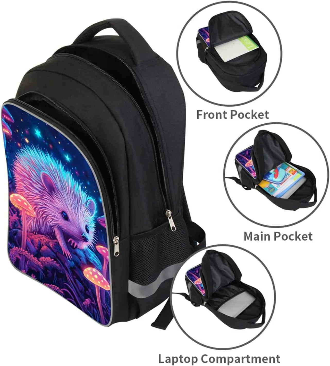Kids School Backpack for Boys Girls, Children Teens Back Pack for Elementary Primary, Polyester Bookbag, 17" Large Capacity Hedgehog School Bag, Rectangular, Top Handle