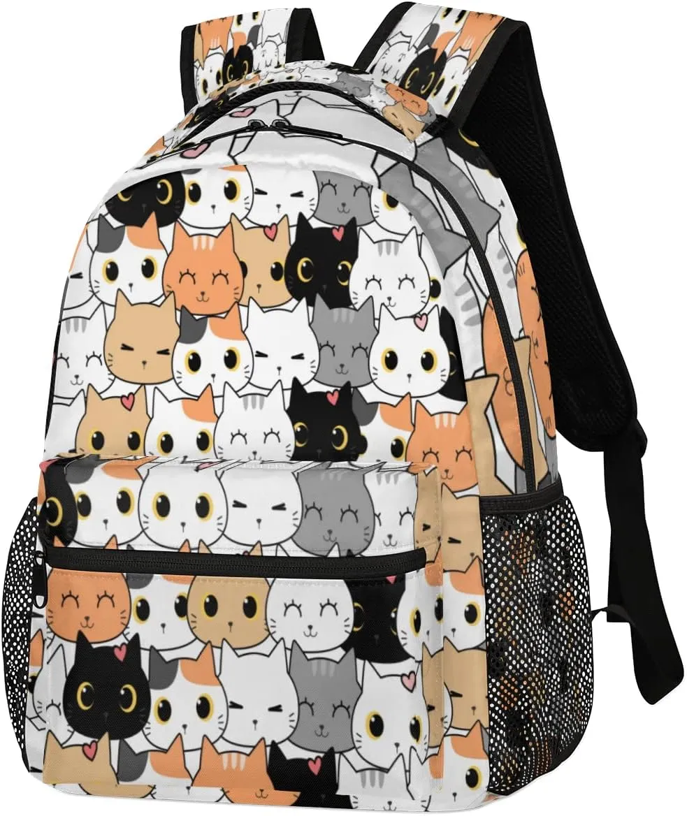 Kids School Backpack for Girls Boys School Bag Large Bookbag Lightweight Elementary Laptop Bag Travel Hiking Daypack (Cute Cat)