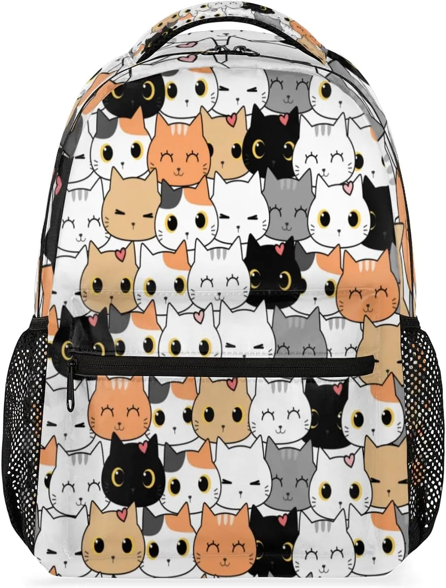 Kids School Backpack for Girls Boys School Bag Large Bookbag Lightweight Elementary Laptop Bag Travel Hiking Daypack (Cute Cat)