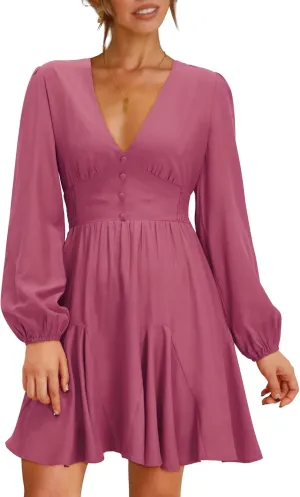 KILIG Women's Long Sleeve Ruffle Mock Neck Casual Short Mini Swing Dress with Belt