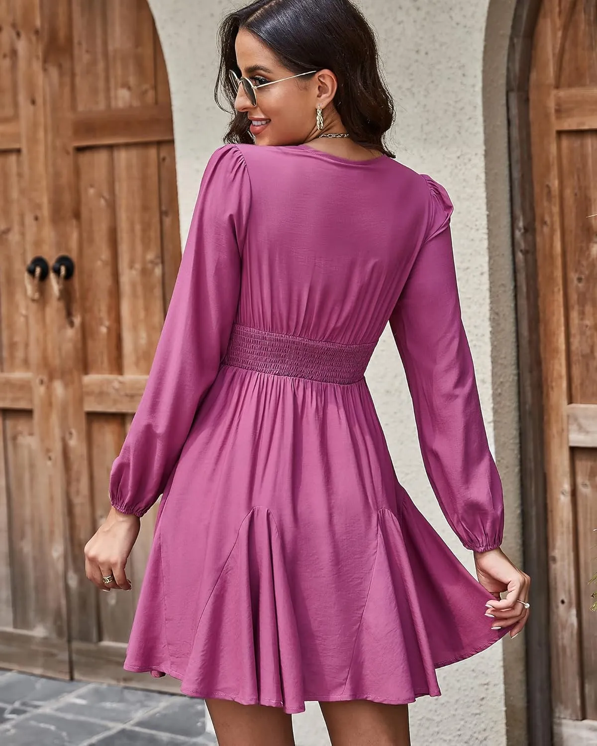 KILIG Women's Long Sleeve Ruffle Mock Neck Casual Short Mini Swing Dress with Belt