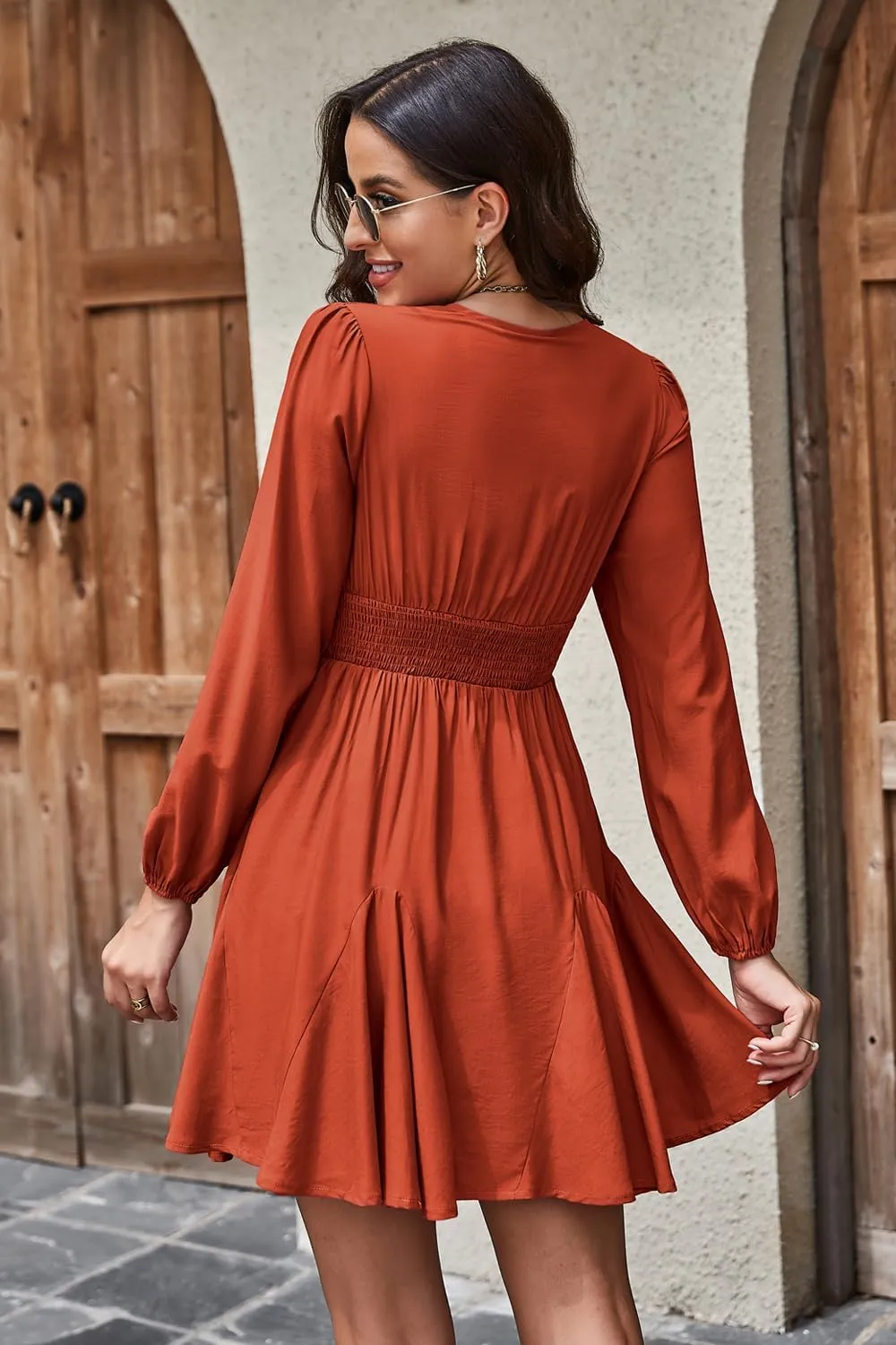 KILIG Women's Long Sleeve Ruffle Mock Neck Casual Short Mini Swing Dress with Belt