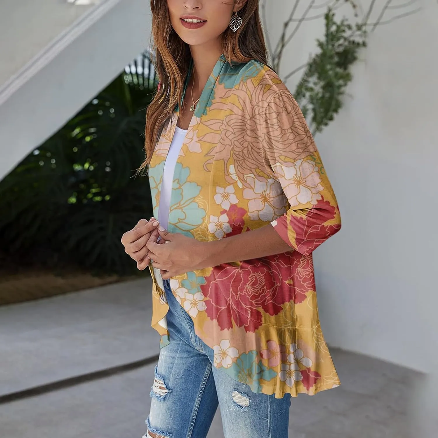 Kimono Cardigan Summer Cardigans for Women 2023 Trendy Ethnic Style Open Front 3/4 Sleeve Cardigan Open Front Tops