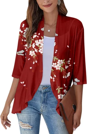 Kimono Cardigan Summer Cardigans for Women 2023 Trendy Ethnic Style Open Front 3/4 Sleeve Cardigan Open Front Tops