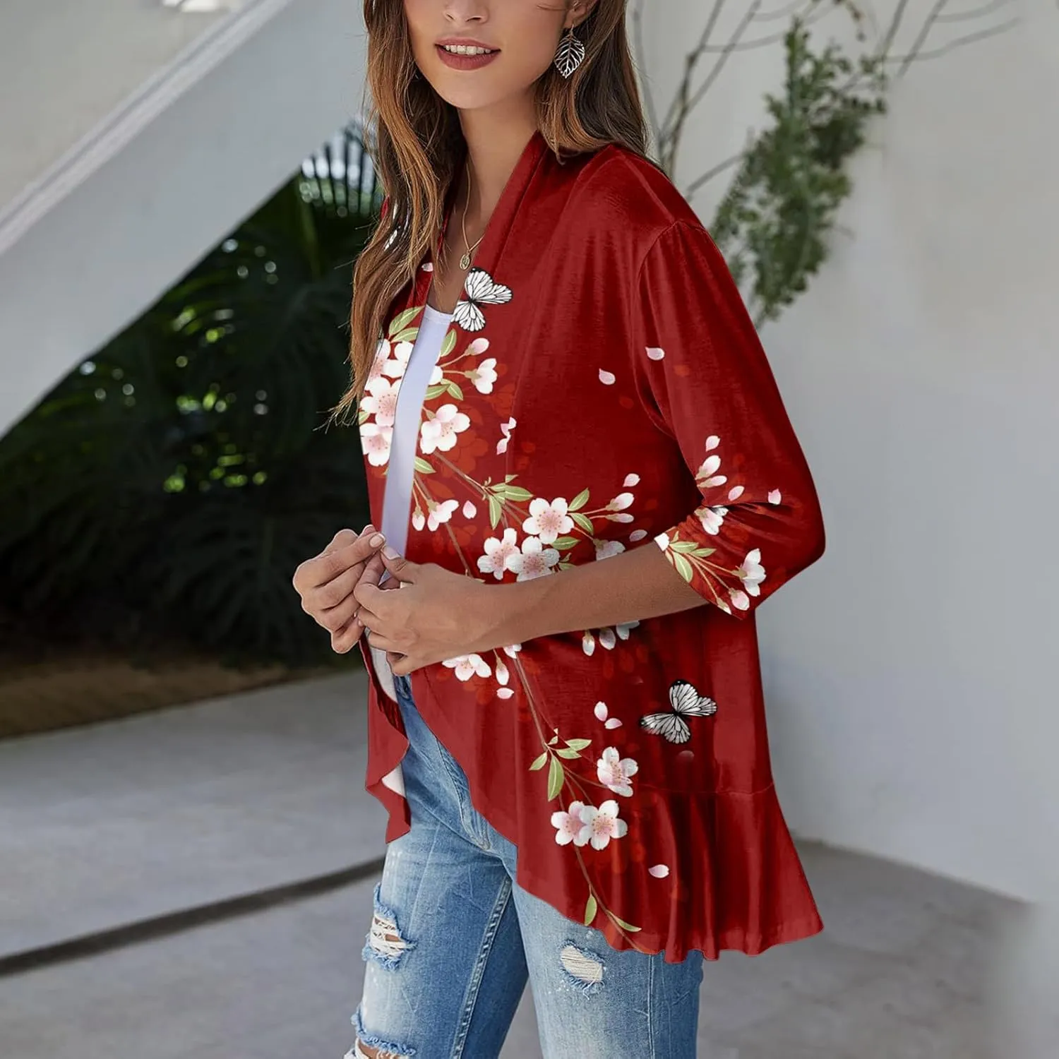 Kimono Cardigan Summer Cardigans for Women 2023 Trendy Ethnic Style Open Front 3/4 Sleeve Cardigan Open Front Tops