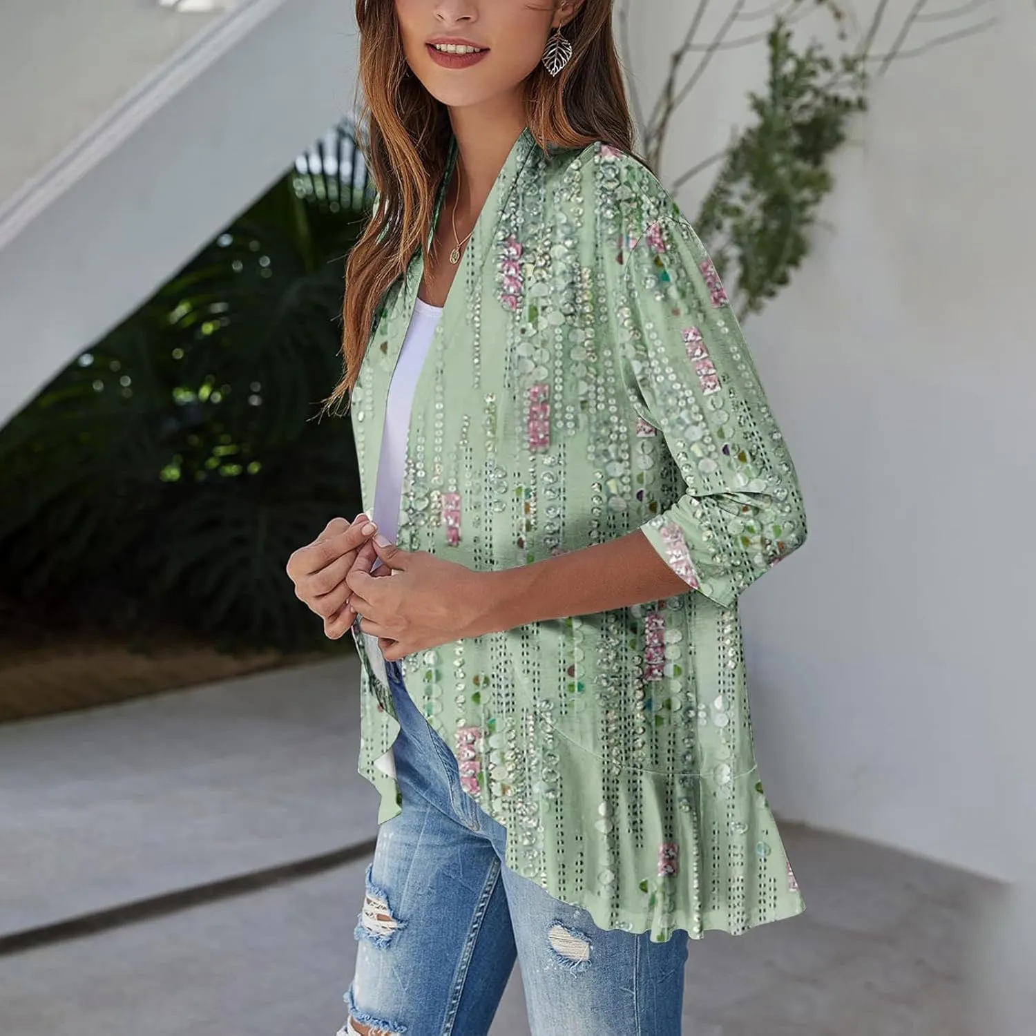 Kimono Cardigan Summer Cardigans for Women 2023 Trendy Ethnic Style Open Front 3/4 Sleeve Cardigan Open Front Tops