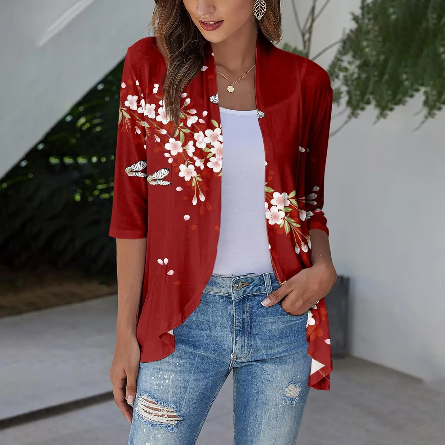 Kimono Cardigan Summer Cardigans for Women 2023 Trendy Ethnic Style Open Front 3/4 Sleeve Cardigan Open Front Tops