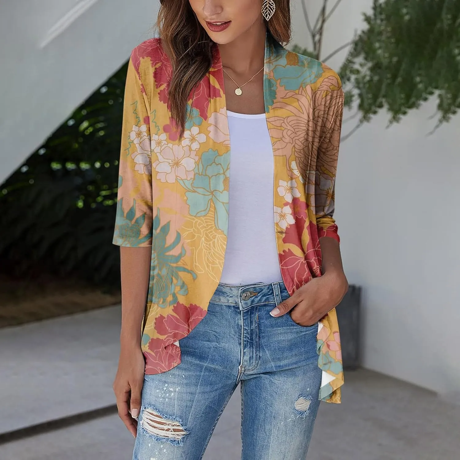 Kimono Cardigan Summer Cardigans for Women 2023 Trendy Ethnic Style Open Front 3/4 Sleeve Cardigan Open Front Tops