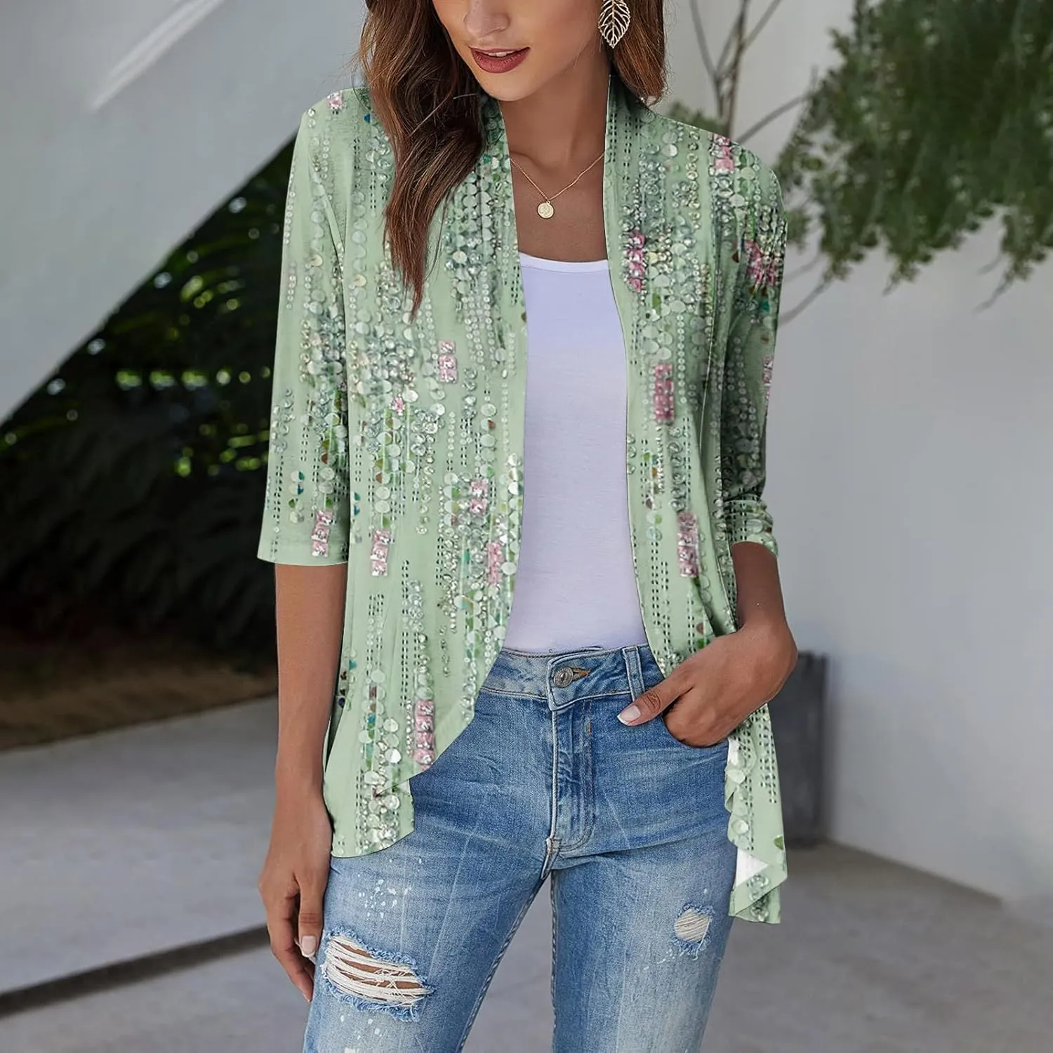 Kimono Cardigan Summer Cardigans for Women 2023 Trendy Ethnic Style Open Front 3/4 Sleeve Cardigan Open Front Tops