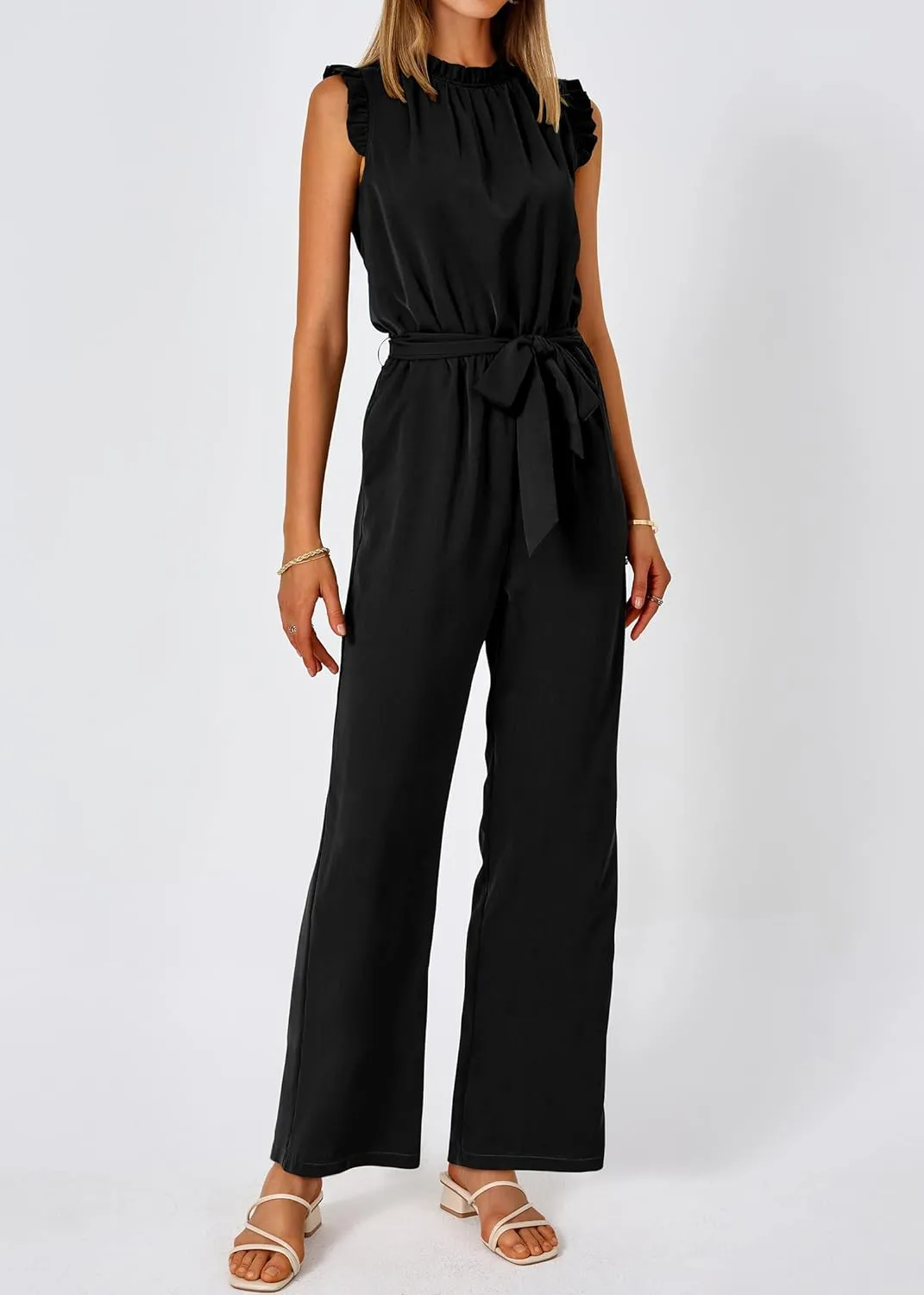 KIRUNDO Jumpsuits For Women Dressy Summer One Piece Sleeveless Ruffle Mock Neck Belt Pockets Formal Wide Leg Pants Romper