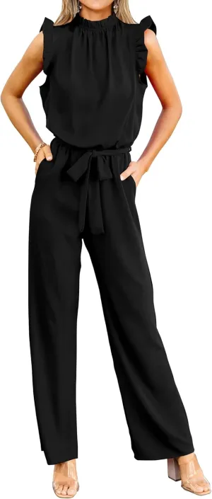 KIRUNDO Jumpsuits For Women Dressy Summer One Piece Sleeveless Ruffle Mock Neck Belt Pockets Formal Wide Leg Pants Romper