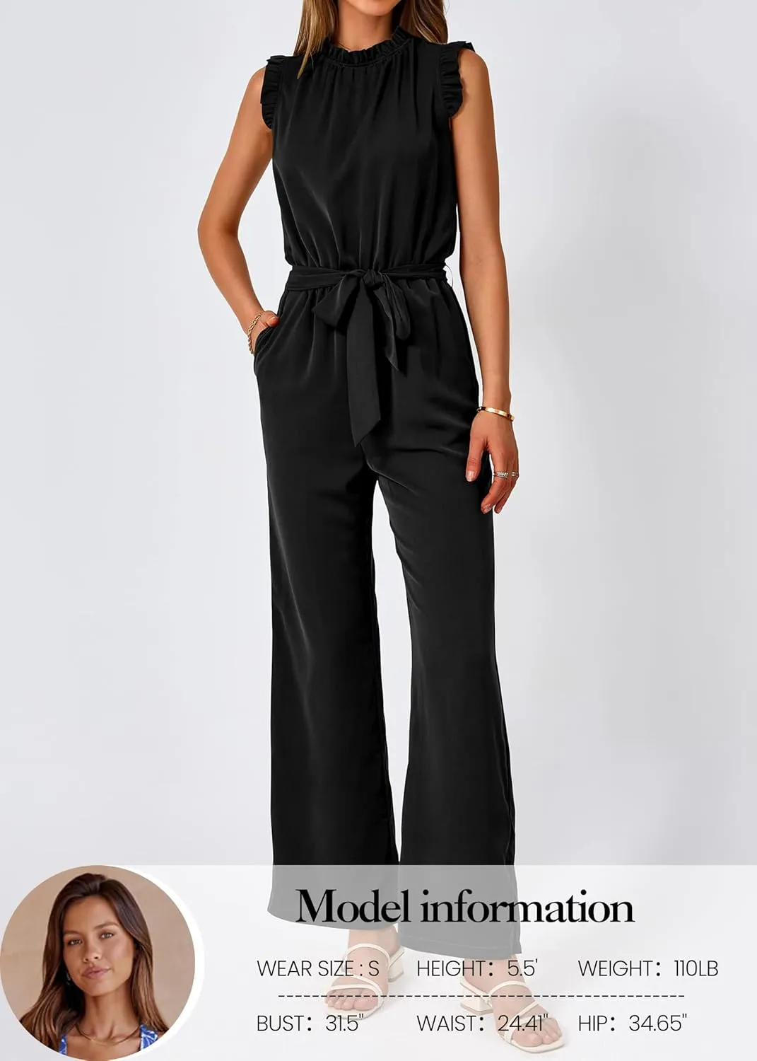 KIRUNDO Jumpsuits For Women Dressy Summer One Piece Sleeveless Ruffle Mock Neck Belt Pockets Formal Wide Leg Pants Romper