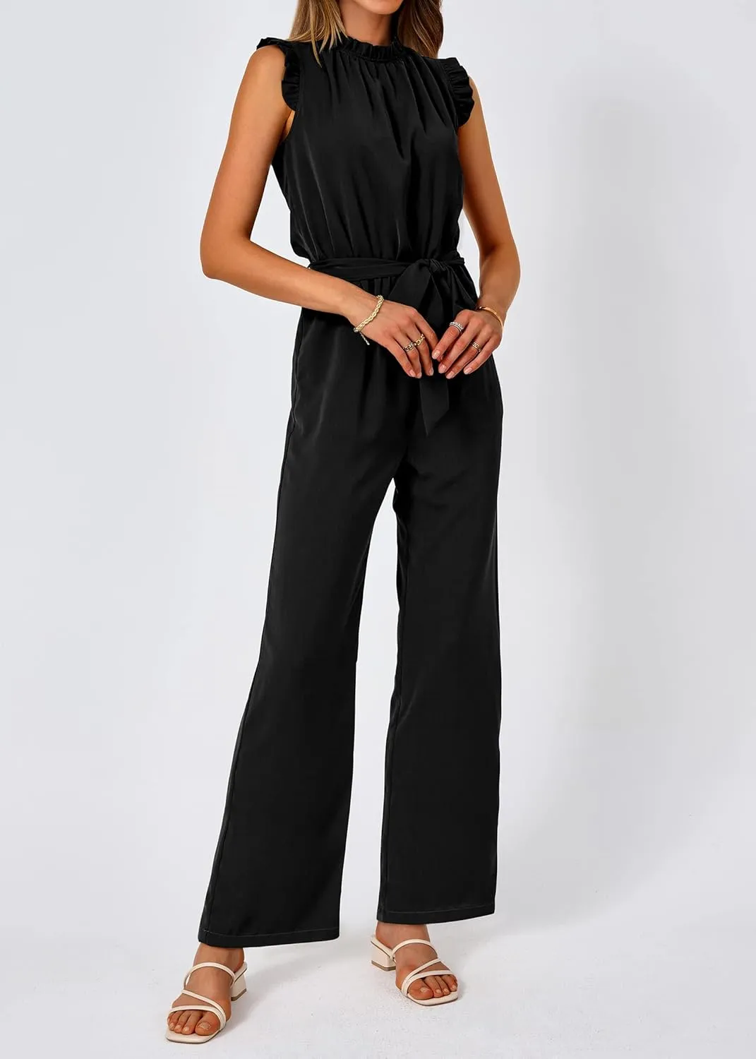 KIRUNDO Jumpsuits For Women Dressy Summer One Piece Sleeveless Ruffle Mock Neck Belt Pockets Formal Wide Leg Pants Romper