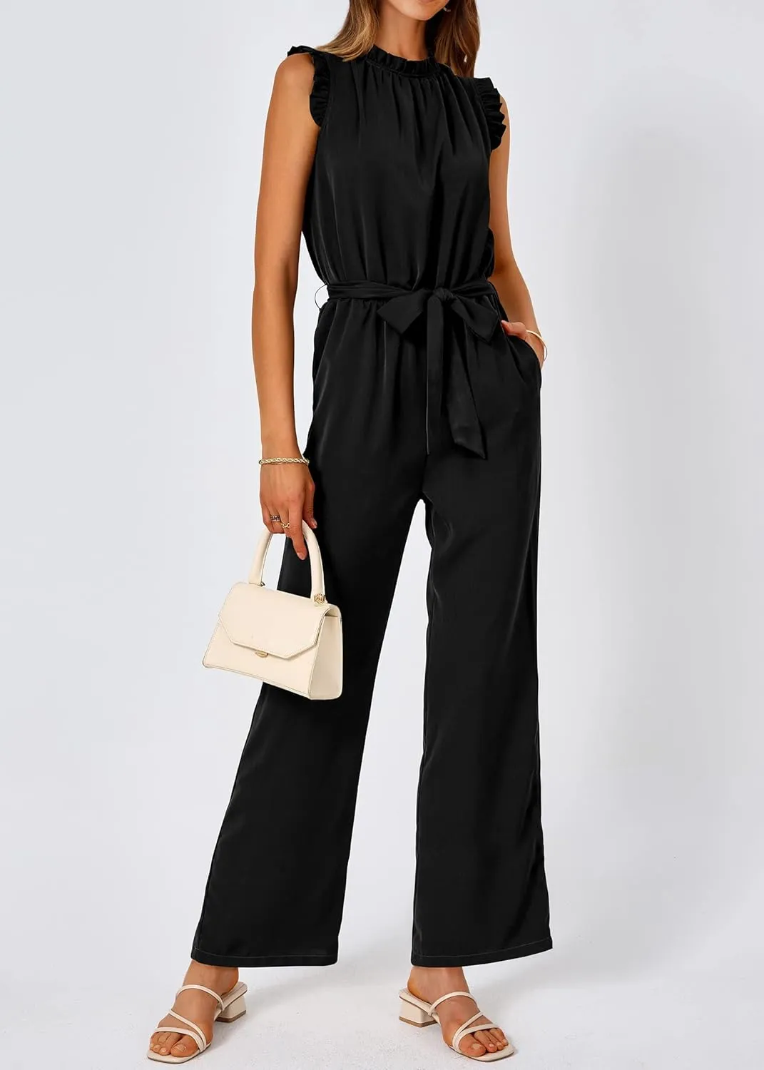 KIRUNDO Jumpsuits For Women Dressy Summer One Piece Sleeveless Ruffle Mock Neck Belt Pockets Formal Wide Leg Pants Romper
