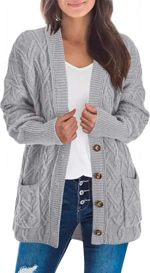 KIRUNDO Women 2024 Fall Winter Oversized Button Down Cable Knit Cardigan Casual Long Sleeve Open Front Chunky Sweater Coat