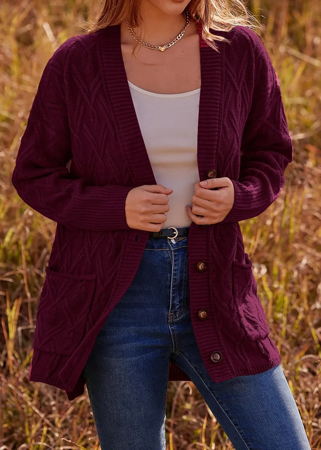 KIRUNDO Women 2024 Fall Winter Oversized Button Down Cable Knit Cardigan Casual Long Sleeve Open Front Chunky Sweater Coat