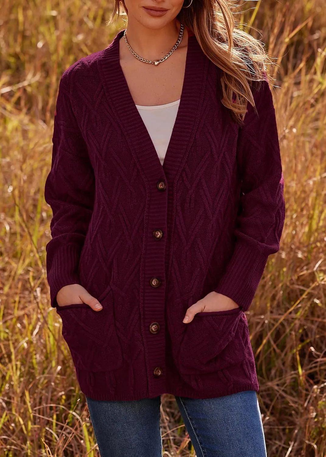 KIRUNDO Women 2024 Fall Winter Oversized Button Down Cable Knit Cardigan Casual Long Sleeve Open Front Chunky Sweater Coat