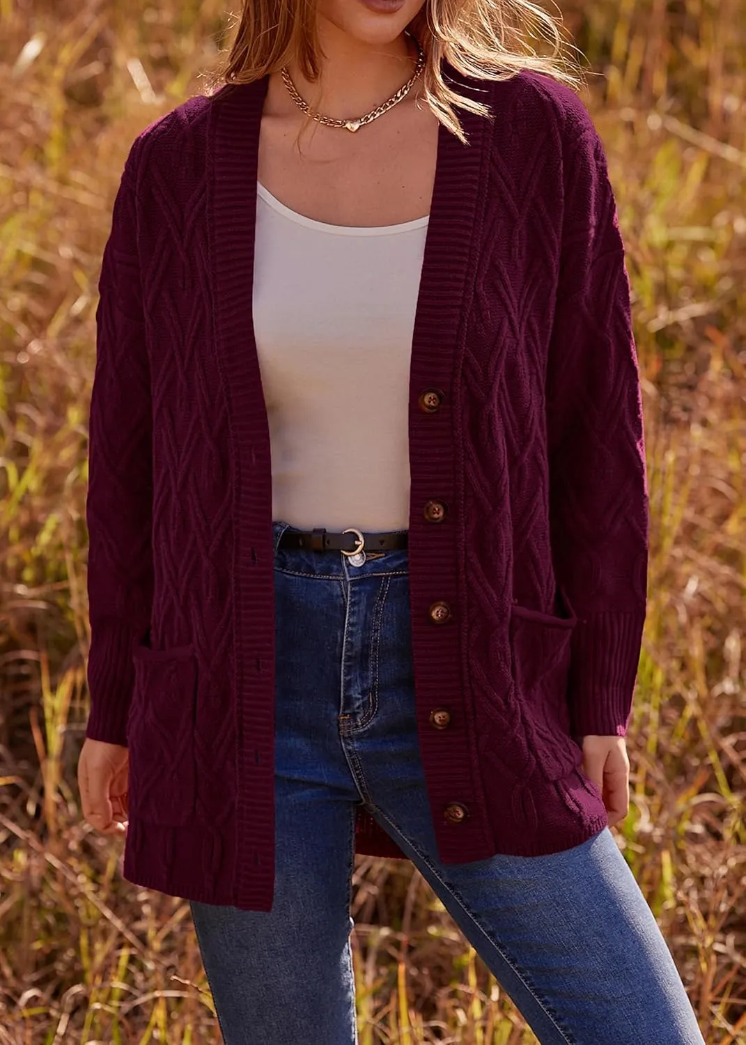 KIRUNDO Women 2024 Fall Winter Oversized Button Down Cable Knit Cardigan Casual Long Sleeve Open Front Chunky Sweater Coat