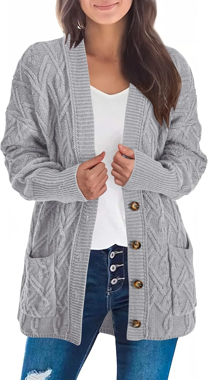 KIRUNDO Women 2024 Fall Winter Oversized Button Down Cable Knit Cardigan Casual Long Sleeve Open Front Chunky Sweater Coat