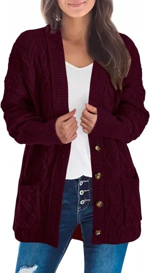 KIRUNDO Women 2024 Fall Winter Oversized Button Down Cable Knit Cardigan Casual Long Sleeve Open Front Chunky Sweater Coat