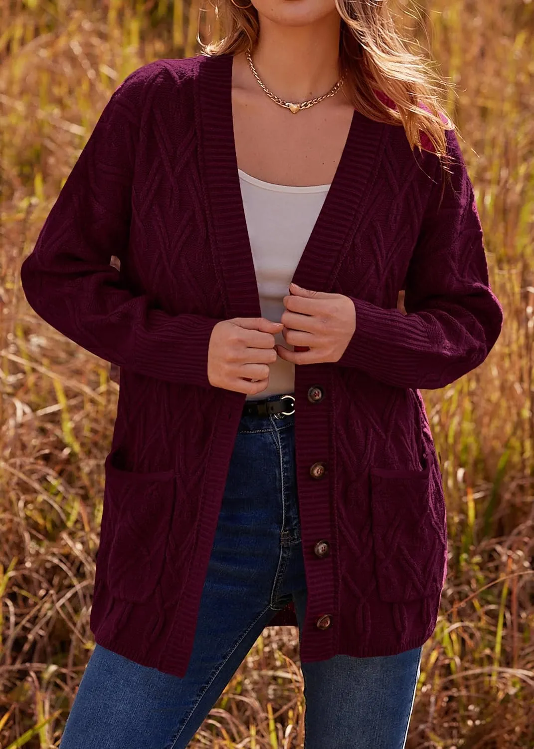 KIRUNDO Women 2024 Fall Winter Oversized Button Down Cable Knit Cardigan Casual Long Sleeve Open Front Chunky Sweater Coat