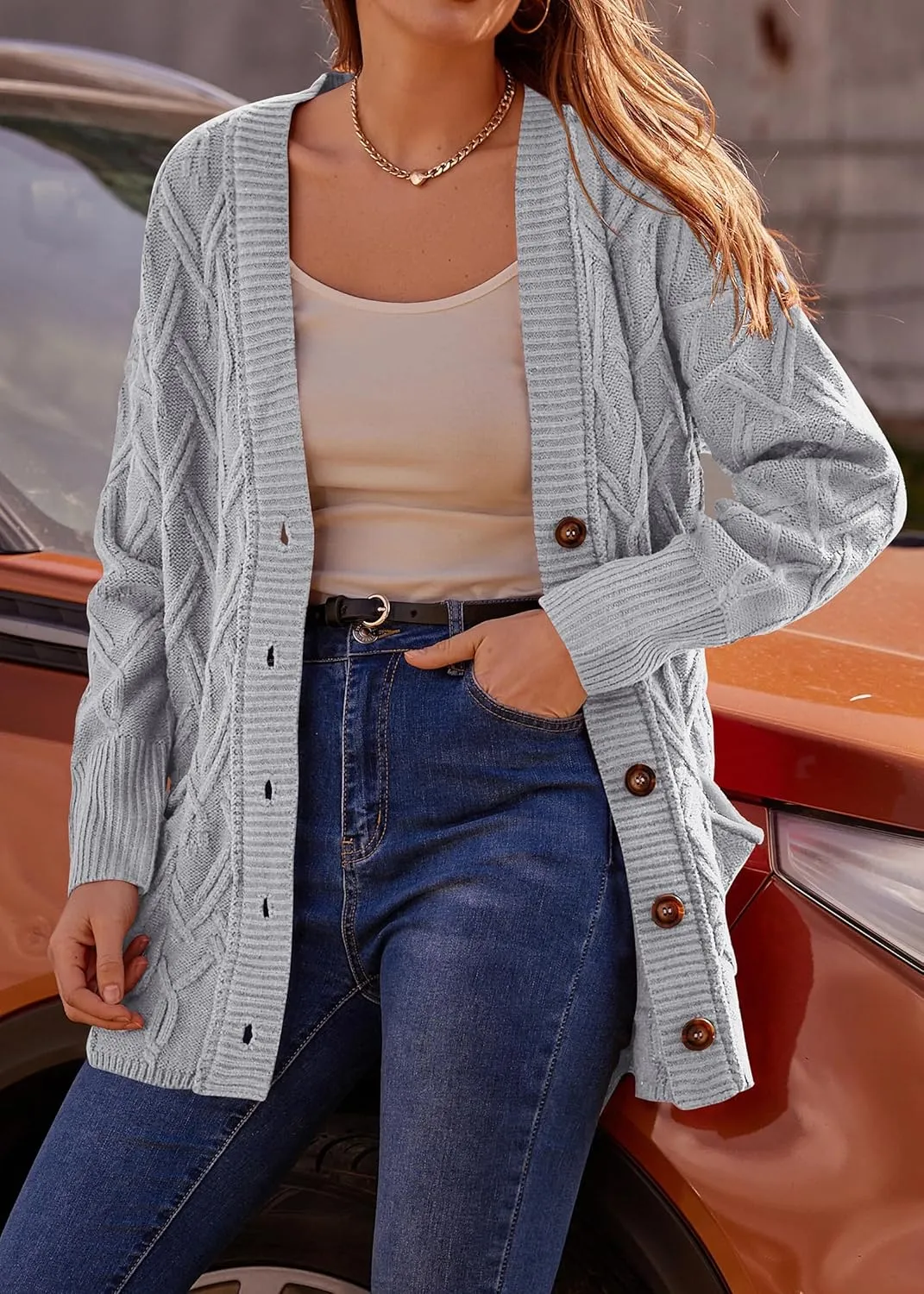 KIRUNDO Women 2024 Fall Winter Oversized Button Down Cable Knit Cardigan Casual Long Sleeve Open Front Chunky Sweater Coat