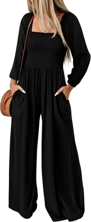 KIRUNDO Women 2025 Spring Fashion Long Sleeve Jumpsuits Casual Dressy One Piece Loose Smocked Wide Leg Pants Romper Pockets