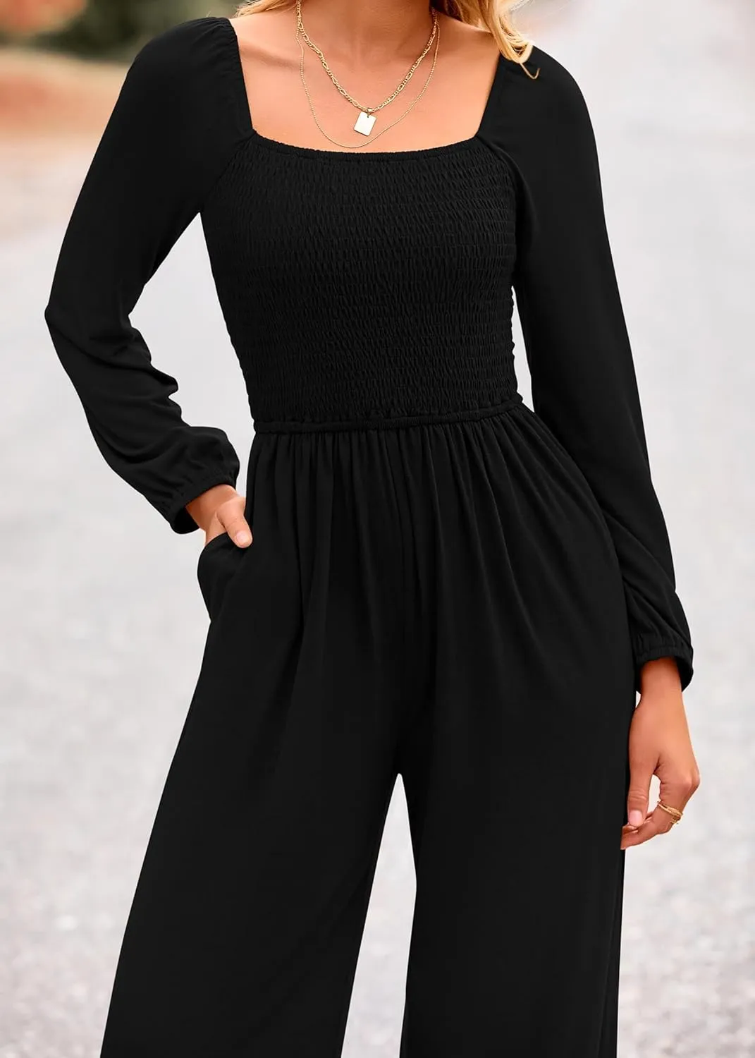 KIRUNDO Women 2025 Spring Fashion Long Sleeve Jumpsuits Casual Dressy One Piece Loose Smocked Wide Leg Pants Romper Pockets