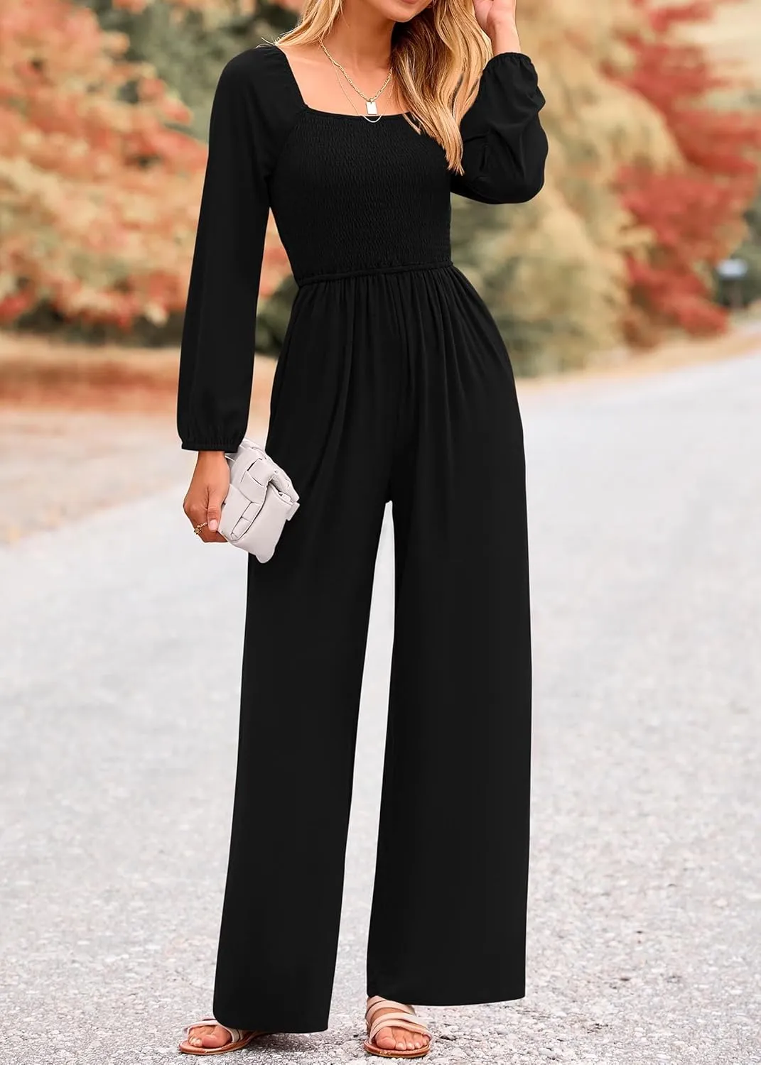 KIRUNDO Women 2025 Spring Fashion Long Sleeve Jumpsuits Casual Dressy One Piece Loose Smocked Wide Leg Pants Romper Pockets
