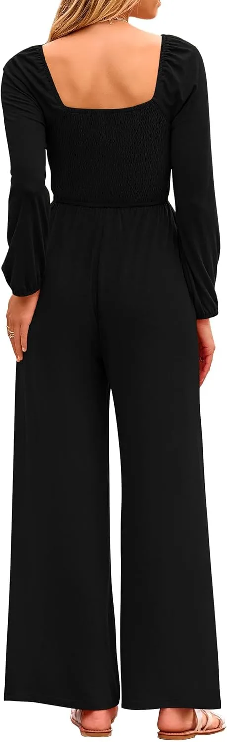 KIRUNDO Women 2025 Spring Fashion Long Sleeve Jumpsuits Casual Dressy One Piece Loose Smocked Wide Leg Pants Romper Pockets
